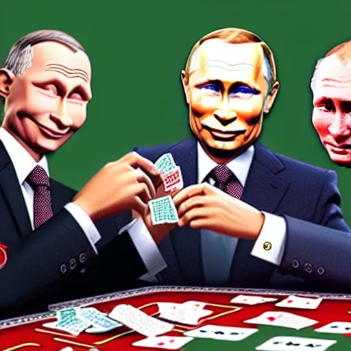 Image similar to UHD photorealistic Bill Gates playing poker with Klaus Schwab and Vladimir Putin, hyperrealistic, correct details, cosmic dynamic lighting, symmetrical faces, accurate faces, in the style of Mike Judge and Todd McFarlane