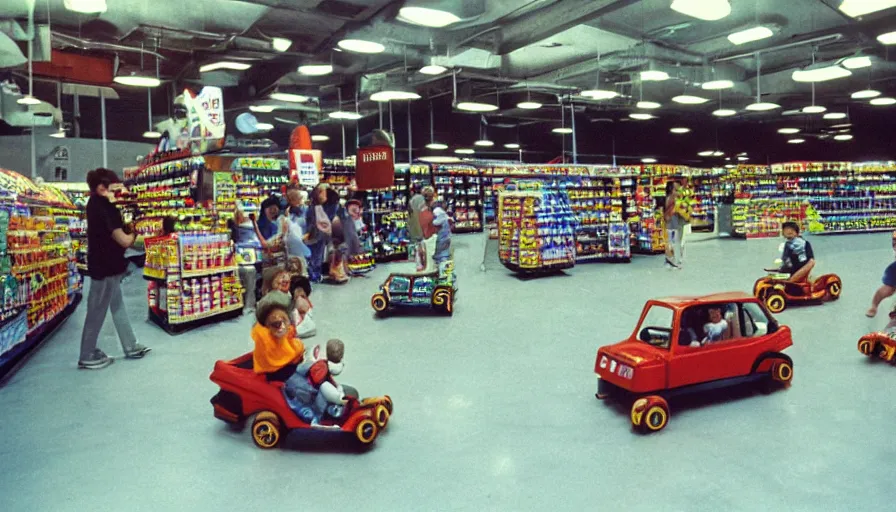 Prompt: 1990s photo of inside the Boring News Grown up errands ride at Universal Studios in Orlando, Florida, children riding on tiny minivans go-carts through a fake grocery store course , flying soccer balls, cinematic, UHD