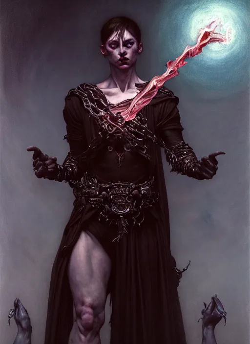 Image similar to male necromancer, full body, hyper realistic, extremely detailed, dnd character art portrait, dark fantasy art, intricate fantasy painting, dramatic lighting, vivid colors, by edgar maxence and caravaggio and michael whelan and delacroix.