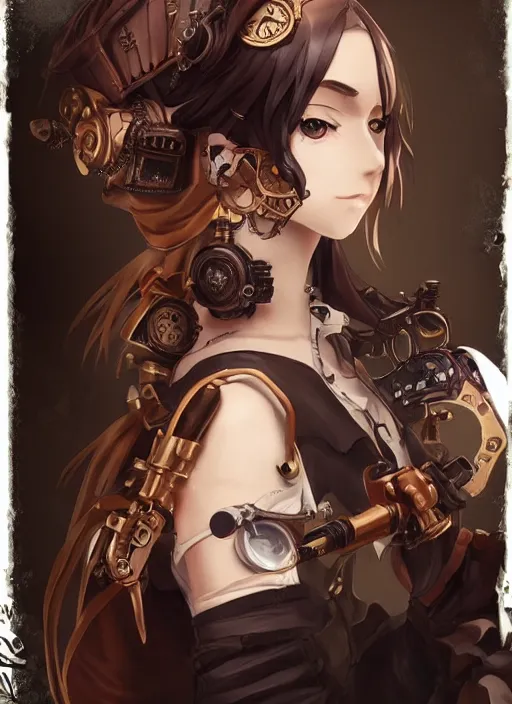 Image similar to steampunk themed anime girl with a steampunk robotic crow on her shoulder, finely detailed, portrait, beautiful, cinematic lighting, made by wlop, artgerm, illustration