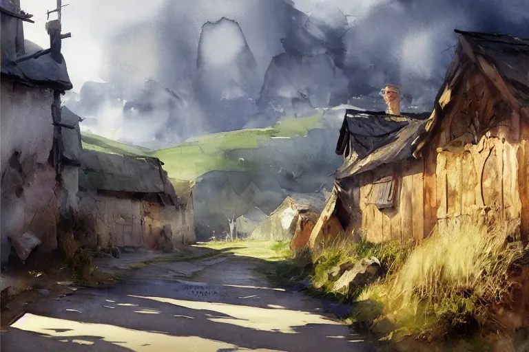 Prompt: paint brush strokes, abstract watercolor painting of village street, bailey ring wall in stone, medieval straw roof, scandinavian viking age, ambient lighting, art by hans dahl, by jesper ejsing, art by anders zorn, wonderful masterpiece by greg rutkowski, cinematic light, american romanticism by greg manchess, creation by tyler edlin