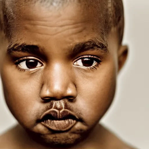 Image similar to the face of kanye west at 6 years old, portrait by julia cameron, chiaroscuro lighting, shallow depth of field, 8 0 mm, f 1. 8