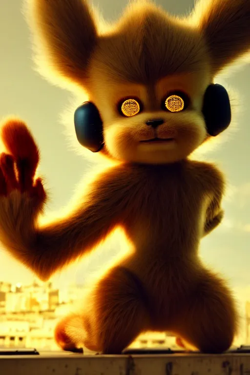 Image similar to high quality 3 d render very cute fluffy cyborg!! hanuman with gold nose piercings, highly detailed, cyberpunk mumbai in the background, unreal engine cinematic smooth, in the style of solaris & detective pikachu, hannah yata charlie immer, moody light, low angle, uhd 8 k, sharp focus