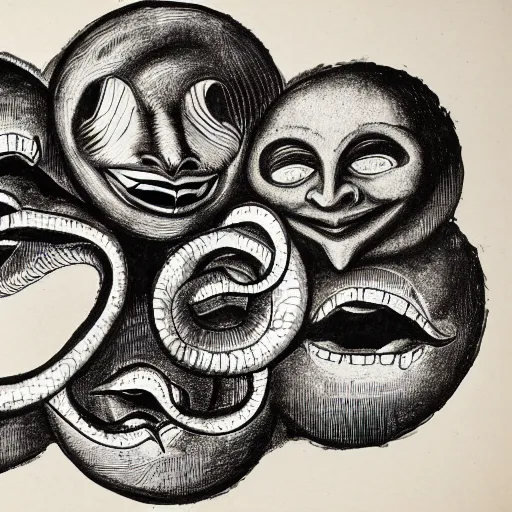 Image similar to an ink drawing of eerie comedy and tragedy theater masks circled by a snake, cracked, elaborate detail, shape of a circle, circular shape