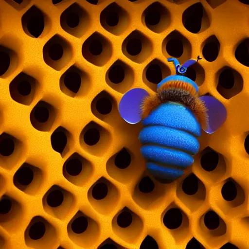 Image similar to 3d render pixar cartoon honey bee with an afro inside of a honeycomb dripping with honey hd octane render