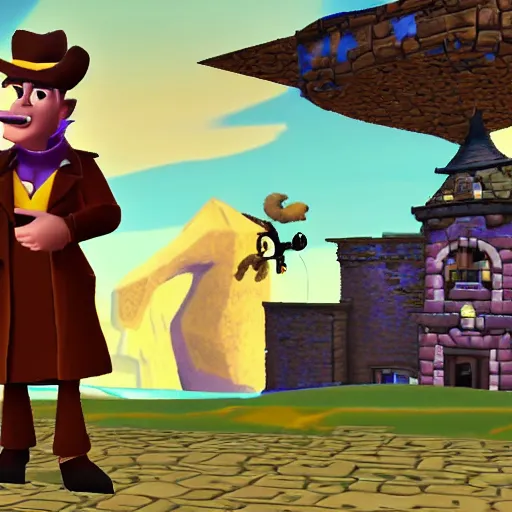 Image similar to screenshot of a humanoid inspector badger with a brown trenchcoat as an npc in spyro the dragon video game, with playstation 1 graphics, activision blizzard, upscaled to high resolution