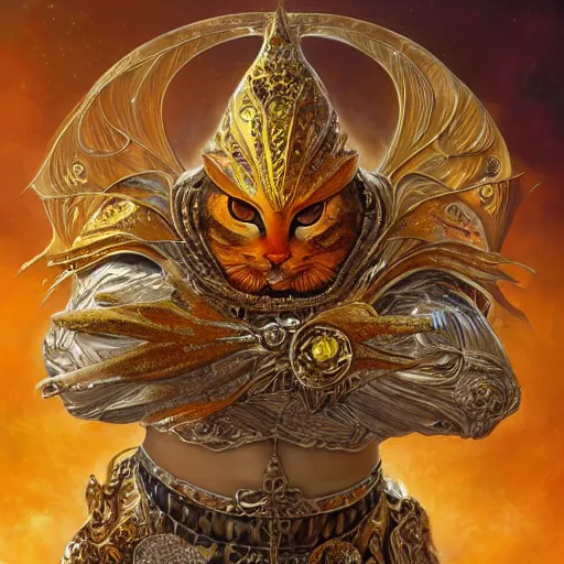 Prompt: a fat orange cat wearing a silver armor with golden ornaments and diamonds jewelry, wings by alex gray and android jones, karol bak, ayami kojima, amano, concept art, character design, fantasy, 3 d, 8 k resolution