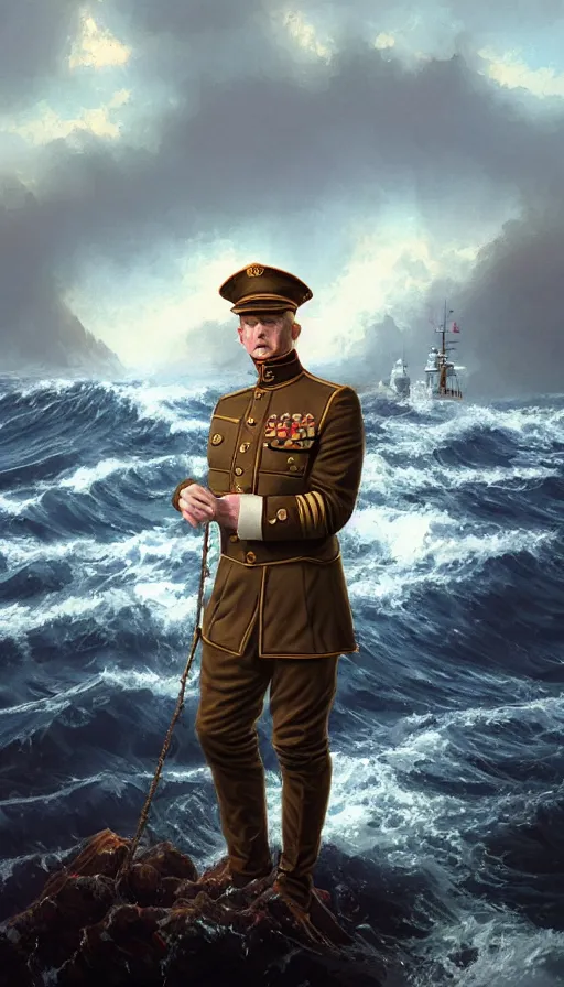 Image similar to proud commodore marine captain, stern look, late xix century commander vest, full body portrait xix immpresionist paint, wild ocean background, highly detailed, digital painting, artstation, concept art, sharp focus, illustration, art by Artgerm, Greg Rutkowski, Craig Mullins, WLOP, Ross tran, James Jean, Andrei Riabovitchev, magic the gathering, - W 640