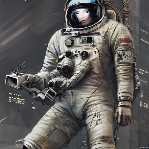 Image similar to astronaut, cyberpunk, realistic, detailed, Industrial Scifi, paint, in the style of Ashley Wood and Wadim Kashin