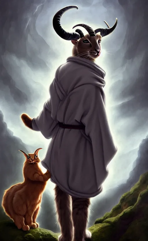 Prompt: a bipedal cat that has 2 goat horns, anthropomorphic cat that is wearing robes, matte oil painting, by michelangelo, d & d, fantasy, concept art, cosmic, magical, fog, noble, full body portrait, intricate, ornate, extremely detailed, cult, ritual, sharp focus, 4 k, 8 k