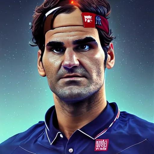 Image similar to a beautiful portrait digital artwork of a cyborg roger federer by artgerm, tooth wu, dan mumford, beeple, wlop, rossdraws, james jean, marc simonetti. intricate, epic lighting, cinematic composition, hyper realistic, 8 k resolution, unreal engine 5