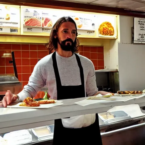 Prompt: photo of jesus working in kebab shop