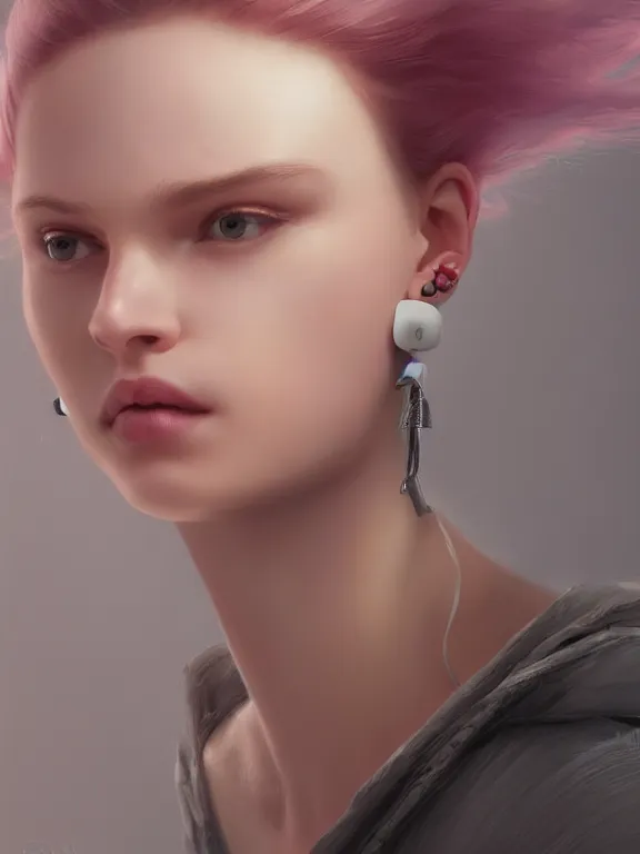 Image similar to beautiful russian girl with short pink hair and nose piercing, wearing airpods, thin round earrings, winds of winter, au naturel, hyper detailed, digital art, trending in artstation, cinematic lighting, studio quality, smooth render, octane rendered, concept art, sharp focus, illustration, art by artgerm and greg rutkowski and wlop