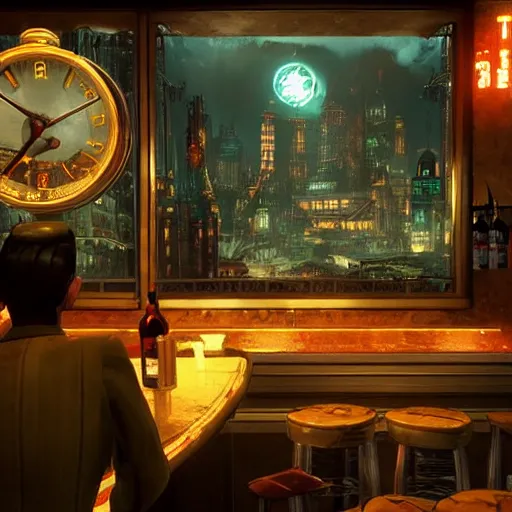 Image similar to In the world of rapture from the world of bioshock you are in a bar, there is a window that lets you see the whole city and you are drinking a rum and coke