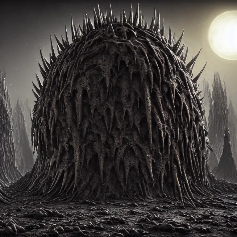 Prompt: ribbed surreal organic symmetrical abandoned spiky spinal alien temple exterior on exoplanet, in a desolate empty wasteland, creepy, nightmare, dream-like heavy atmosphere, surreal abandoned buildings, beautiful detailed intricate insanely detailed octane render trending on Artstation, 8K artistic photography, photorealistic, chiaroscuro, Raphael, Caravaggio, Beksinski, Giger