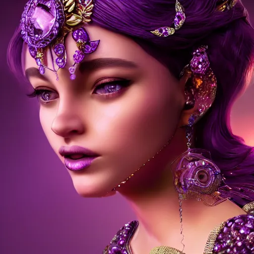 Image similar to portrait princess of amethyst, glowing, ornate and intricate purple jewelry, jaw dropping beauty, glowing background lighting, purple accent lighting, hyper detailed, fairy tale, 4 k octane render