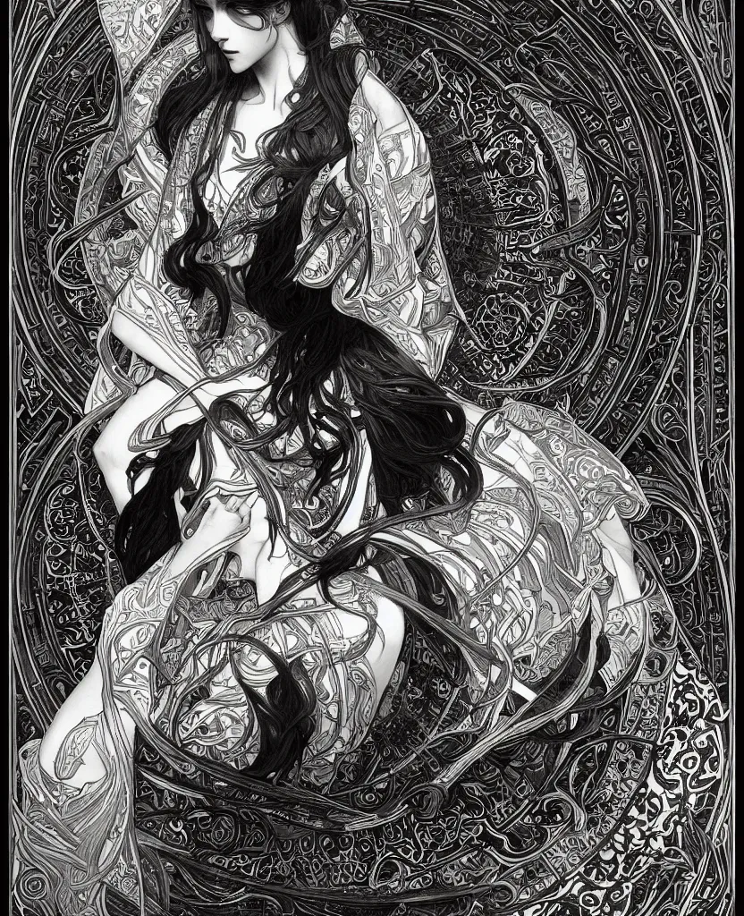 Prompt: black and white illustration of mystical geometrical alchemical black sacred symbols, deep focus, intricate, elegant, highly detailed, pen and ink style, artstation, concept art, matte, sharp focus, art by artgerm and greg rutkowski and alphonse mucha