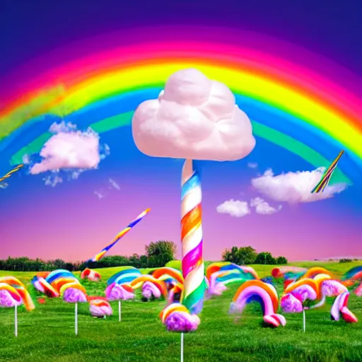 Prompt: in a giant field made of cotton candy with grazing unicorn, a marshmallow shaped as a housed with a whipped cream as roof and candies as windows and lollipop as chimney, very colorful rainbow effect, saturated color, kid dream, warm,delicious, sweet