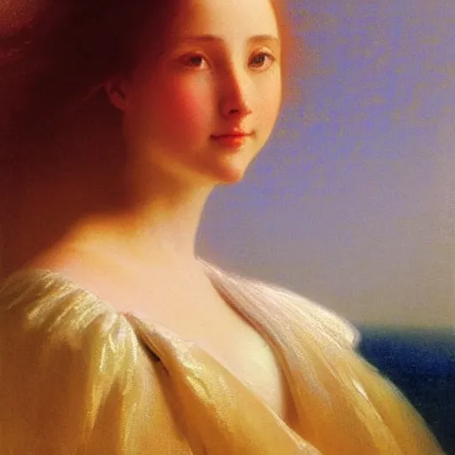 Prompt: a young woman's face, her hair is golden white and she wears an cobalt blue satin cloak, by ivan aivazovsky and syd mead and moebius and gaston bussiere and roger dean and pieter claesz and paul delaroche and alma tadema and aelbert cuyp and willem claesz, hyperrealistic, volumetric light, octane render