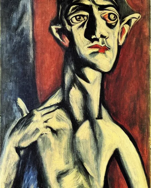 Image similar to Max Beckmann. El Greco. Oil on canvas. Portrait of a demon.