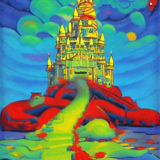 Image similar to by sudersan pattnaik, by emil nolde evocative, hideous. a beautiful digital art of a castle in the clouds.