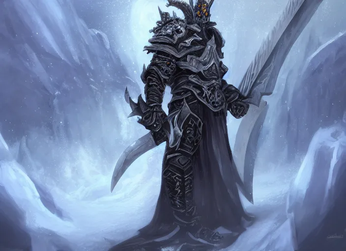 Image similar to the lich king with his mourneblade sitting on the frozen throne artwork by mendoza eddie, trending on artstation