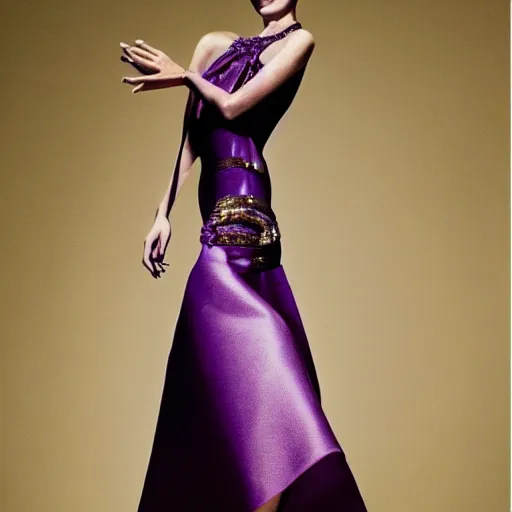 Prompt: editorial fashion tan skin super model in a couture gold and purple hues dress photography, from Vogue magazine Patrick Demarchelier