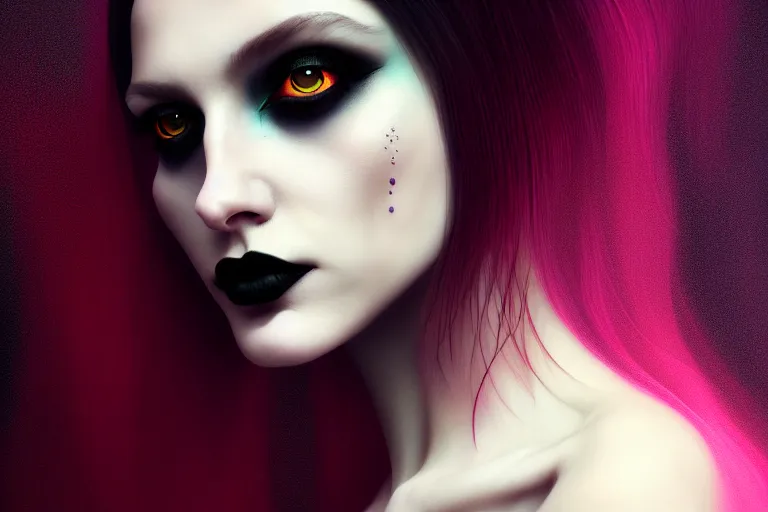 Image similar to surreal Portrait of beautiful goth woman in dmt chromatic surreal liquid enviroment , elegant, highly detailed, smooth, photoreal, sharp focus, illustration, beautiful, geometric, dmt trending on artstation, cinematic, artwork by WLOP