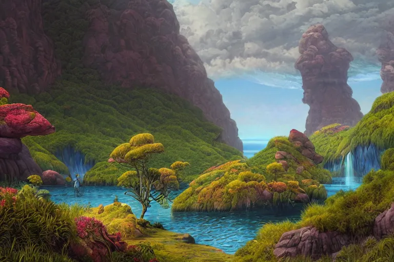 Image similar to digital painting of a lush natural scene on an alien planet by gerald brom. digital render. detailed. beautiful landscape. colourful weird vegetation. cliffs and water.