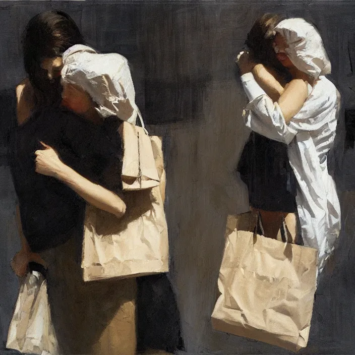 Prompt: two women hugging with a paper bag over the head dressed in plastic bags by jeremy mann and edward hopper