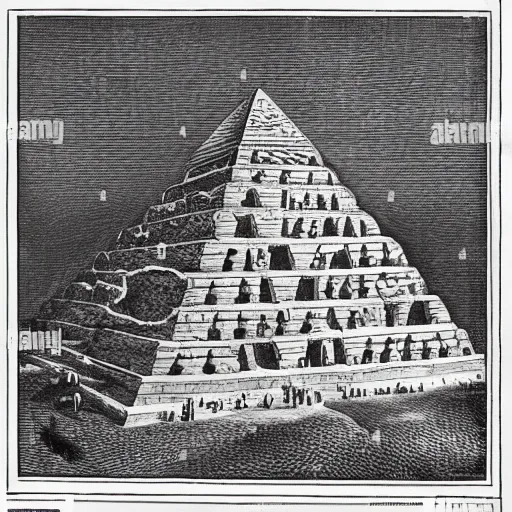 Prompt: an old journal page with a rich illustration of aliens building the Great Pyramid of Giza