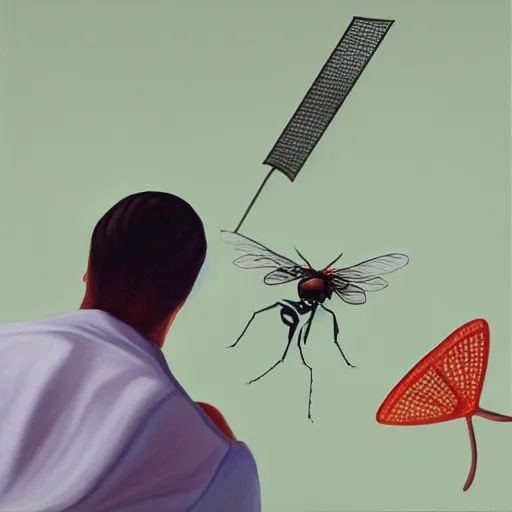 Image similar to hyperrealism painting from the perspective of a housefly getting swatted at from a man with a fly swatter