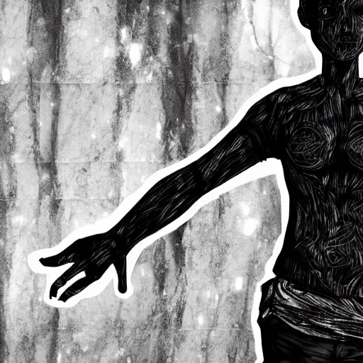 Image similar to detailed half body digital art of a person wearing ragged and ruined clothes. the background is pure black with a little bit of glow behind the character