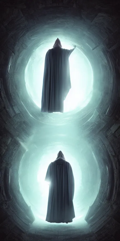 Image similar to a wizard in a cloak standing in front of a portal to wisdom, tall door, high ceiling, magic light, light beam, cinematic atmosphere, high definition, ultra detailed