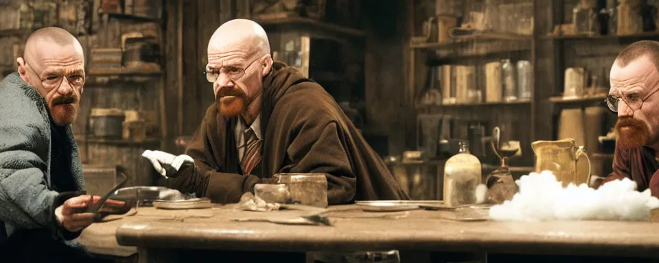 Image similar to walter white teaching harry potter to cook meth, hd, photorealistic, cinematic