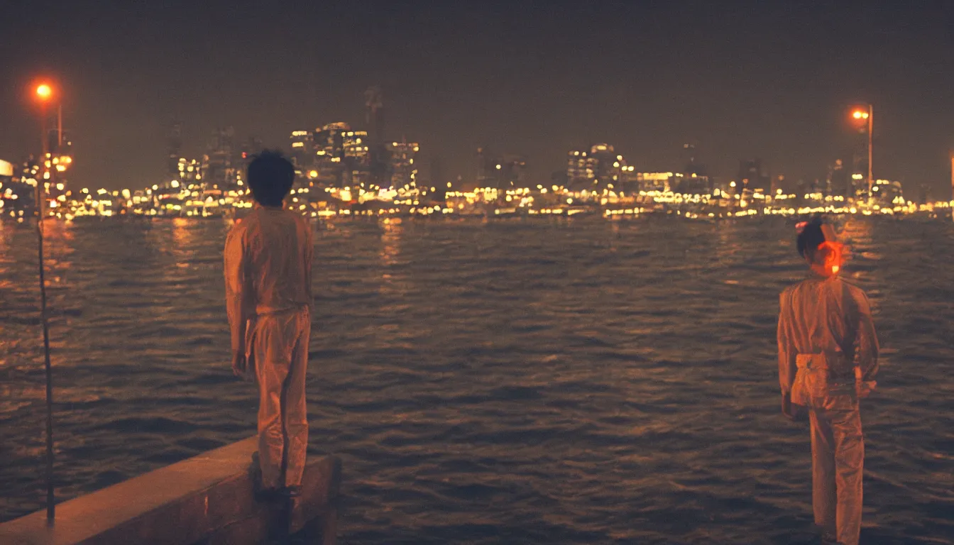 Image similar to 80s asian neon movie still with a lone man on a pier overlooking the river at night with city lights behind his back. Fallen angels movie still. hyperrealistic, high definition, medium format photography, highly detailed, tehnicolor, anamorphic 50mm lens