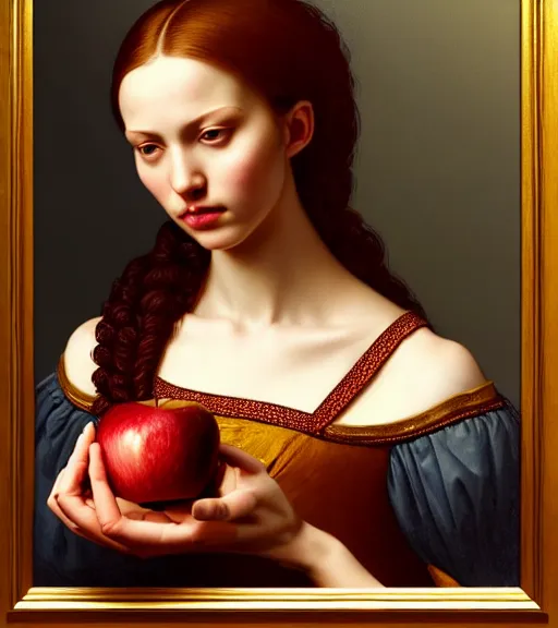 Prompt: portrait of a woman with an apple sitting upon a table with heightened detail, poised, intense emotion, detailed facial expression, detailed surroundings, intricate, elegant, highly detailed, centered, digital painting, artstation, concept art, smooth, sharp focus, illustration, by ( leonardo da vinci ), wlop