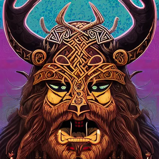 Image similar to barong family member, viking warrior, viking beard, reindeer horns, runic inscription, mammoth, wiwek, mara demon, one single tribe member, jungle, one single mask, dark, ancient warrior, tribal, inner glow, art by dan mumford and justin gerard