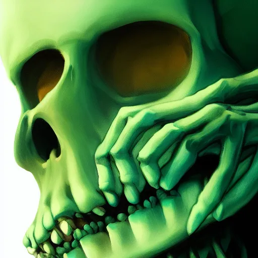 Image similar to portrait of a skeleton lich, green smoke leaving his empty eyes, mattepainting concept blizzard pixar maya engine on stylized background splash comics global illumination lighting artstation lois van baarle, ilya kuvshinov, rossdraws