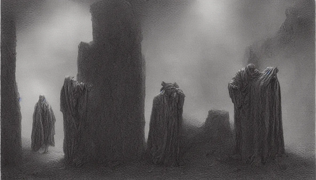 Prompt: singular lamb wearing cultist robes by gustave dore, deep crimson and dark shadows, foggy background, ambient glow, horror scene