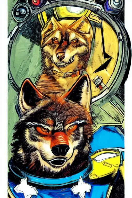 Image similar to beautiful professional art of a portrait an anthropomorphic wolf anthro furry fursona, wearing space mercenary uniform, heroic, 8 0 s comic art by jack kirby