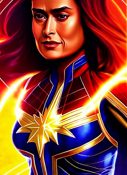 Image similar to salma hayek as captain marvel, intricate, elegant, glowing lights, highly detailed, digital painting, artstation, glamor pose, concept art, smooth, sharp focus, illustration, art by artgerm and greg rutkowski, artey freytag