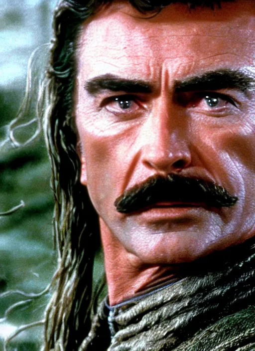 Image similar to film still of tom selleck as legolas in lord of the rings, 4 k