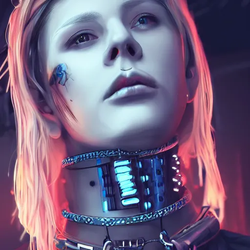 Image similar to detailed realistic female character cyberpunk wearing thick steel collar around neck, realistic, art, beautiful, 4K, collar, choker, collar around neck, punk, artstation, detailed, female, woman, choker, cyberpunk, neon, punk, collar, choker, collar around neck, thick collar, choker around neck, wearing choker, wearing collar,