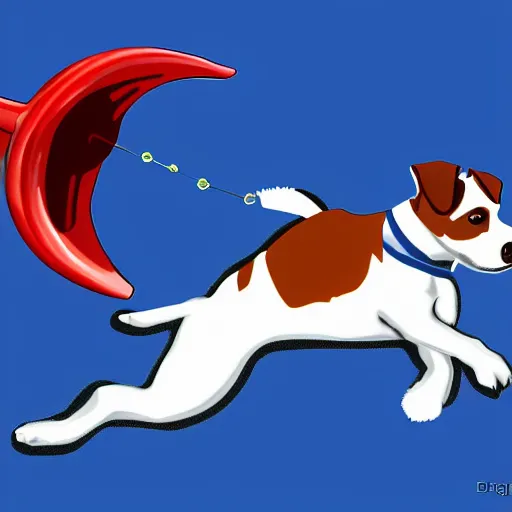 Prompt: flying jack russell terrier with propeller on it's back flying, digital art