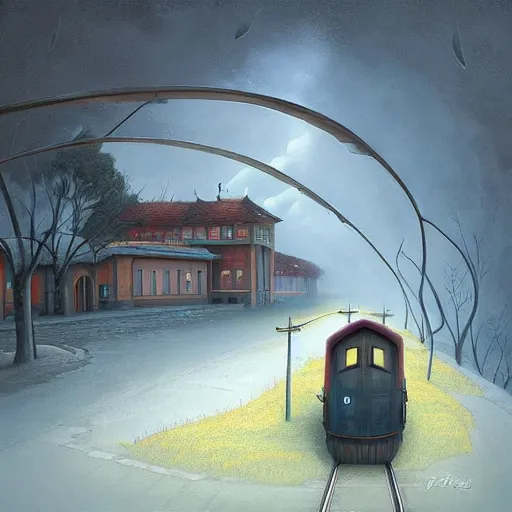 Prompt: Train station, artwork by Gediminas Pranckevicius,