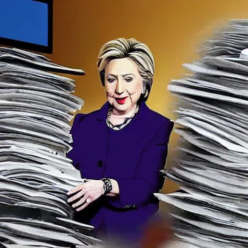 Prompt: a candid photo of hillary clinton as she desperately tries, unsuccessfully, to shred a large stack of laptops.