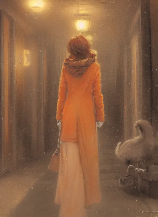 Prompt: back of emma stone in beige coat, orange hair, walking into new york apartment building in winter, opening door, building entrance, artwork by gaston bussiere, craig mullins, trending on artstation