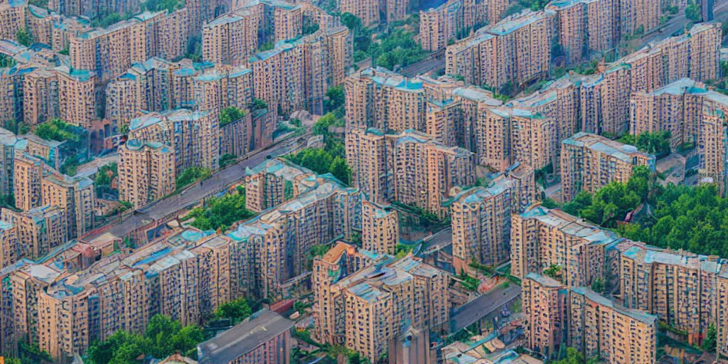 Image similar to bird's eye view photograph of a low income highrise geometric Russian city, apartments, train station, avenues. Square with a statue of leader