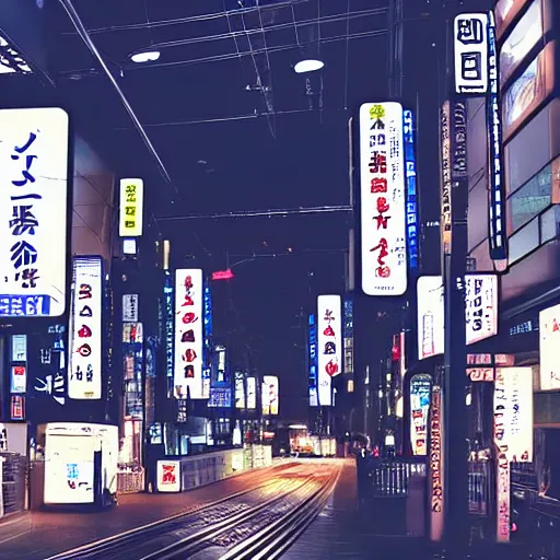 Image similar to a tram ride in tokyo at night, hyper realistic, very detailed, cinematic